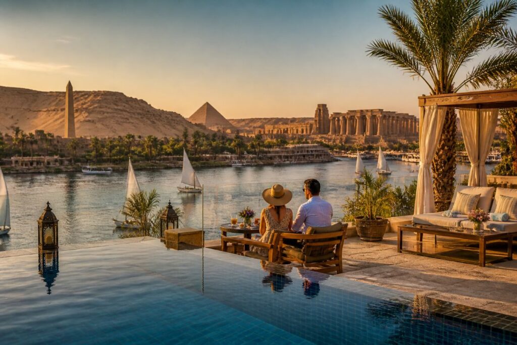 Couple dining poolside on a terrace along the Nile at sunset, with sailboats and distant pyramids and temple ruins across the river.