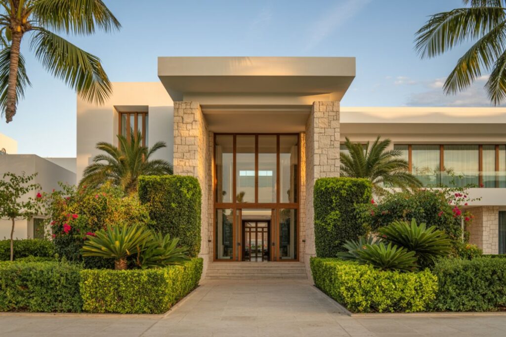 Modern villa entrance with stone columns, glass doors, and tropical landscaping.