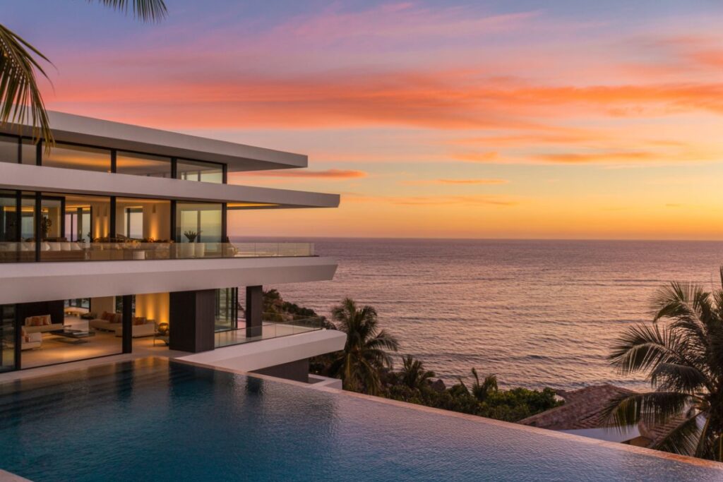 Modern coastal villa with glass-walled terraces overlooking a sunset-lit ocean and an infinity pool below edgeside.