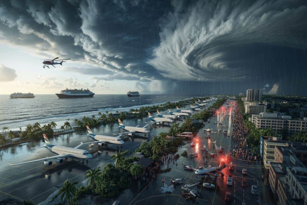 Massive hurricane swirl over a tropical airport and sea, with parked airplanes, ships offshore, and a long crowd marching along the runway area as storm rain falls.