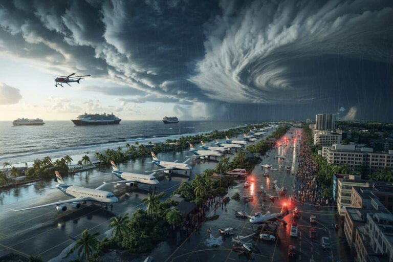 Massive hurricane swirl over a tropical airport and sea, with parked airplanes, ships offshore, and a long crowd marching along the runway area as storm rain falls.