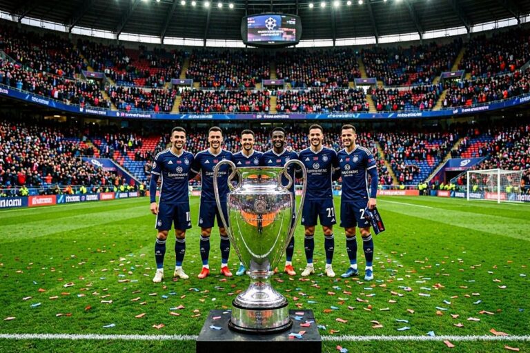 Six players in blue uniforms pose with a large silver trophy on a soccer field amid confetti and a packed stadium.