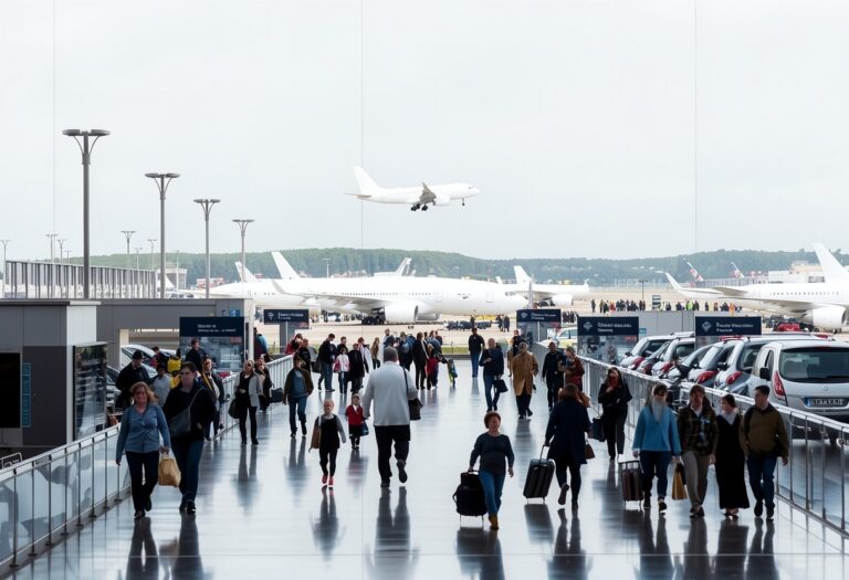 Busy airport terminal walkway with travelers carrying luggage; a white airplane is taking off in the background.