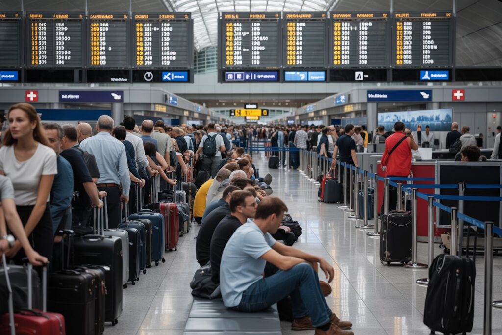 Crowded airport terminal with travelers waiting in long queues and sitting with luggage under flight information boards above.