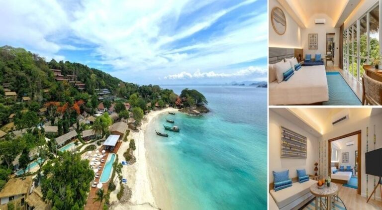 A tropical beach resort seen from above: turquoise water, white sand, boats, and hillside villas; two hotel room interiors appear on the right.