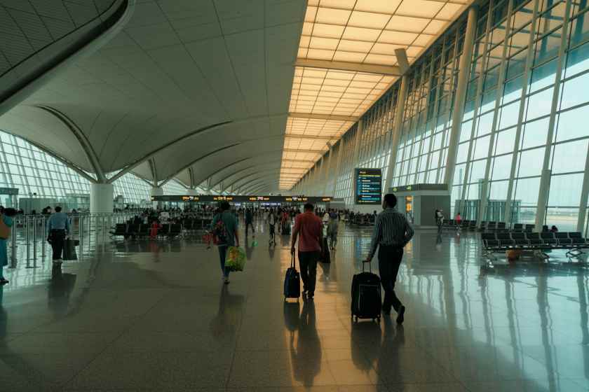 People walking with rolling suitcases through a bright, modern airport terminal.