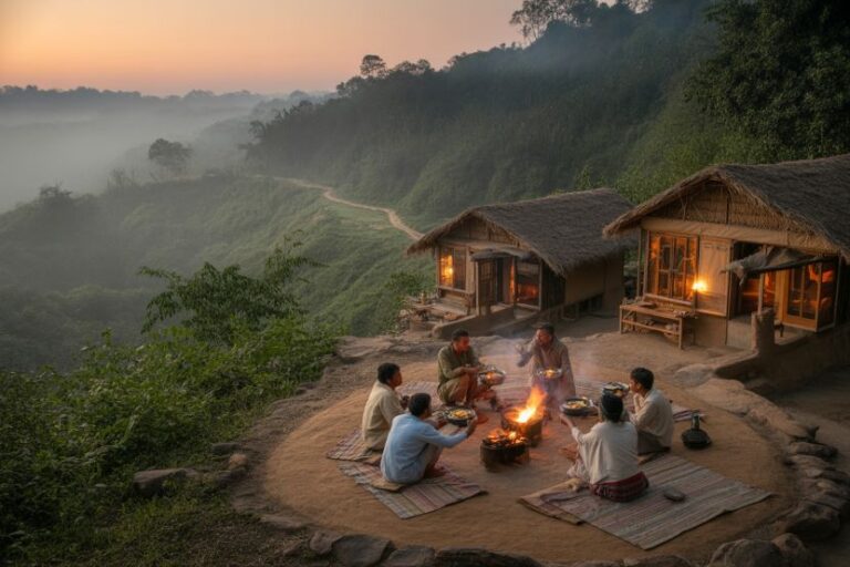 Group of people sitting on mats around a campfire outside thatched huts on a misty hillside at sunset.