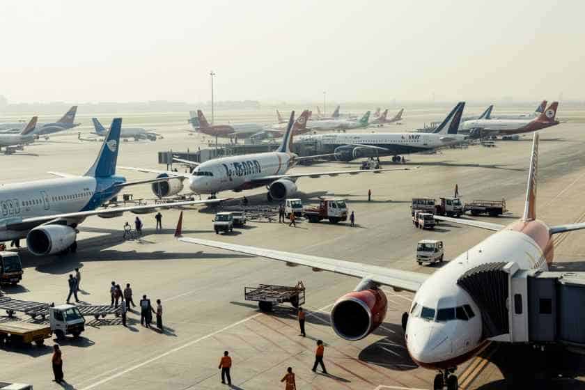 Busy airport tarmac with several airplanes parked at gates and ground support vehicles nearby.
