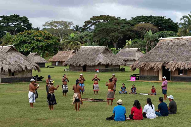 Indigenous dancers perform a traditional circle dance on a grassy village square with thatched huts in the background, spectators seated on the ground nearby.