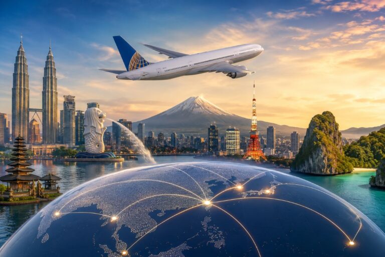 Airplane flying above a skyline with iconic landmarks (Petronas Towers, Merlion, Tokyo Tower) and a glowing network globe in the foreground at sunset.