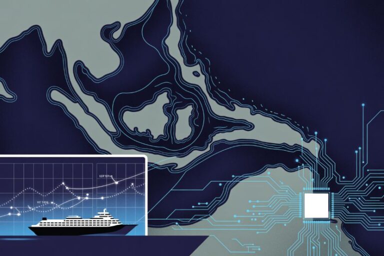 Abstract tech illustration showing a ship on a monitor with data charts and blue circuit lines.
