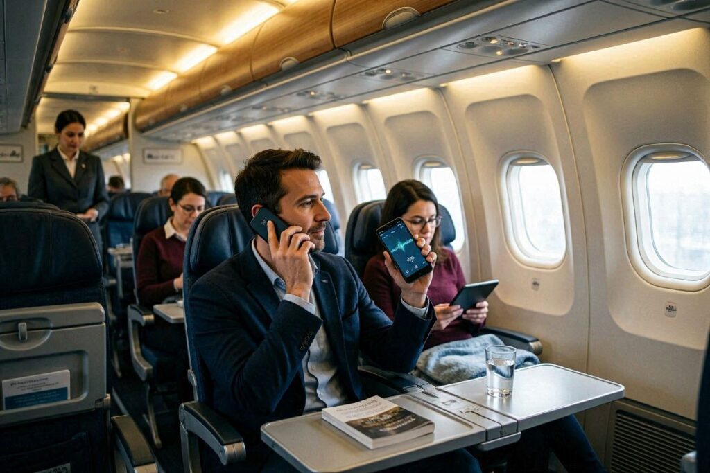 Man in a suit speaks on his cellphone while seated in an airplane, with another passenger using a tablet beside him on a tray table with a glass of water nearby.