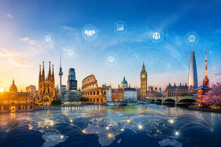 City skyline at sunset with glowing network lines and a world map overlay, symbolizing global connectivity.