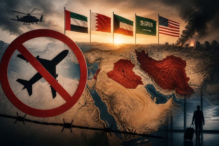 No-fly sign over a Middle East map with Gulf flags, barbed wire, a distant skyline, and a traveler with a suitcase at an airport, symbolizing travel restrictions and conflict.