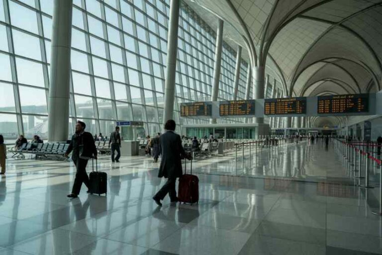 Bright airport terminal with curved ceiling, glass walls, and travelers pulling wheeled luggage past flight boards.