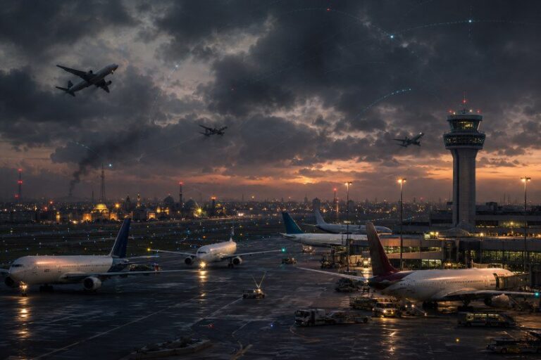Busy airport at dusk: planes on the wet tarmac, ground equipment near gates, and a tall control tower under a cloudy orange sky.