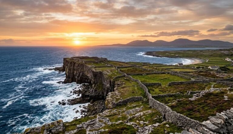 Sunset over a rugged coastline with stone terraces and green fields along the cliffside by the sea.