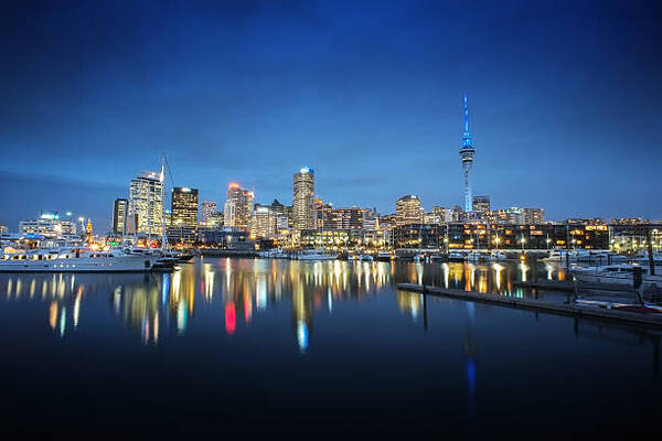 Night view of a city's illuminated skyline across a calm harbor, with reflected lights on the water and a tall tower visible on the right.