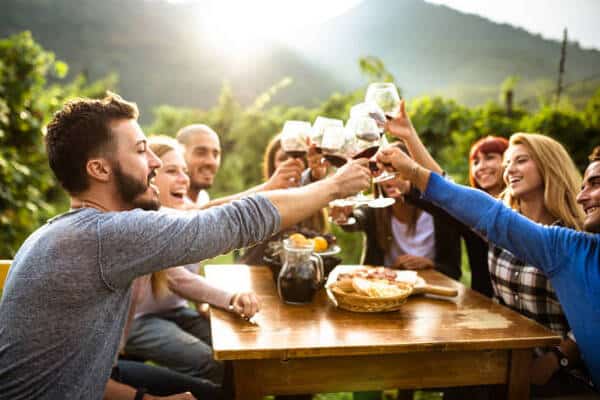 Group of friends toasting with wine glasses at an outdoor vineyard table during sunset.