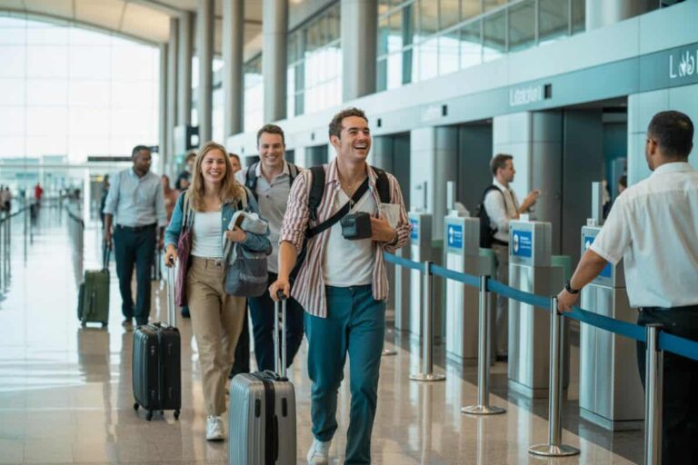 Group of travelers with rolling suitcases walk through a bright airport terminal toward the check-in area.