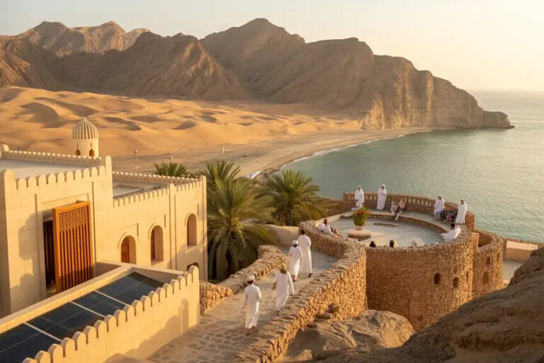 Stone fortress terrace overlooking a calm bay, with desert dunes and distant mountains; people in white robes stroll the ramparts at sunset.