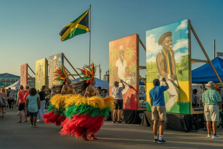 Festival scene in Jamaica with colorful feathered dancers performing near large painted panels and a waving Jamaican flag behind them.