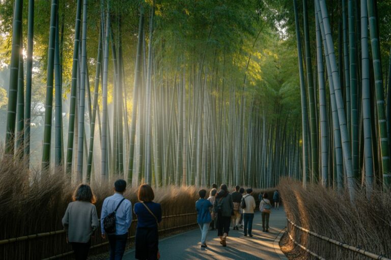 People walking along a paved path through a dense bamboo forest with sunlight filtering through the stalks.