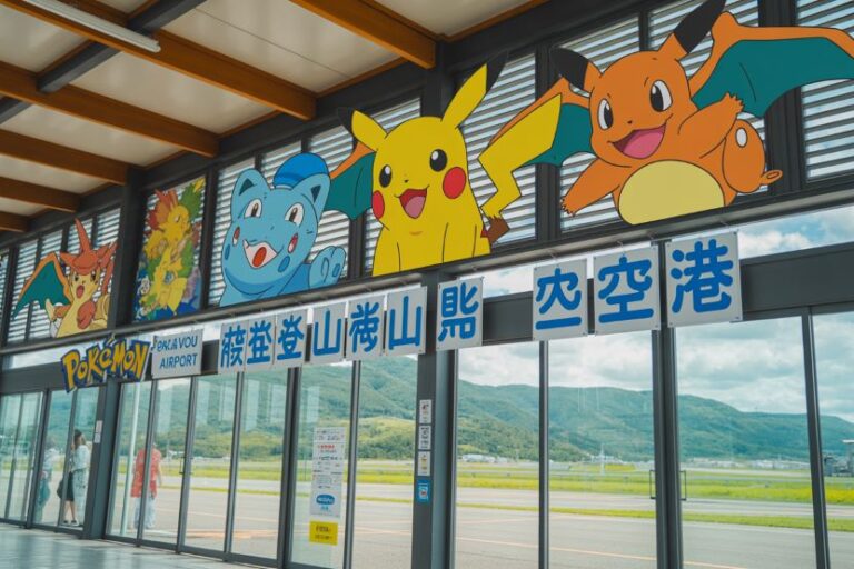 Pokémon-themed airport entrance with large Pikachu, Charizard, and Dragonite murals above blue signage.
