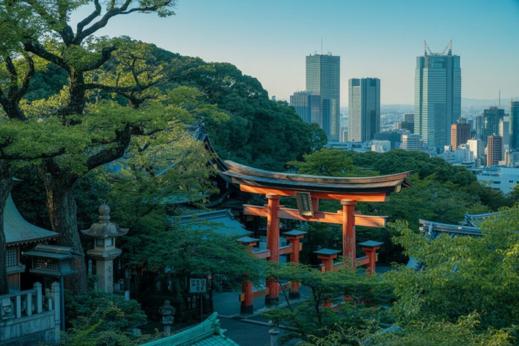 Red torii gate of a shrine peeking through lush green trees, with a modern city skyline in the distance.