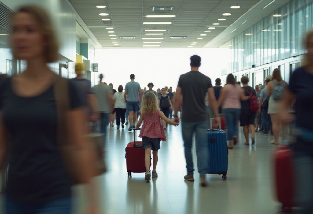 A young girl in a pink top pulls a red suitcase as she walks with an adult man through a busy airport terminal.