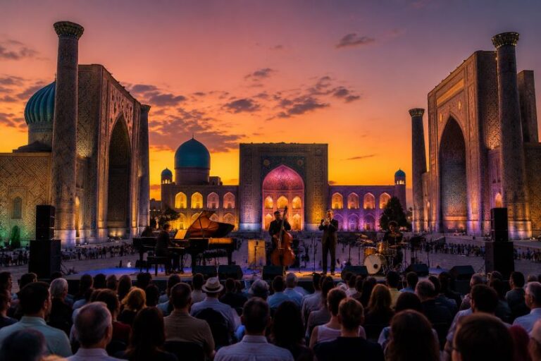 Outdoor concert at sunset in a grand historic plaza, musicians on stage with a piano, cello, and drums while a seated audience watches.