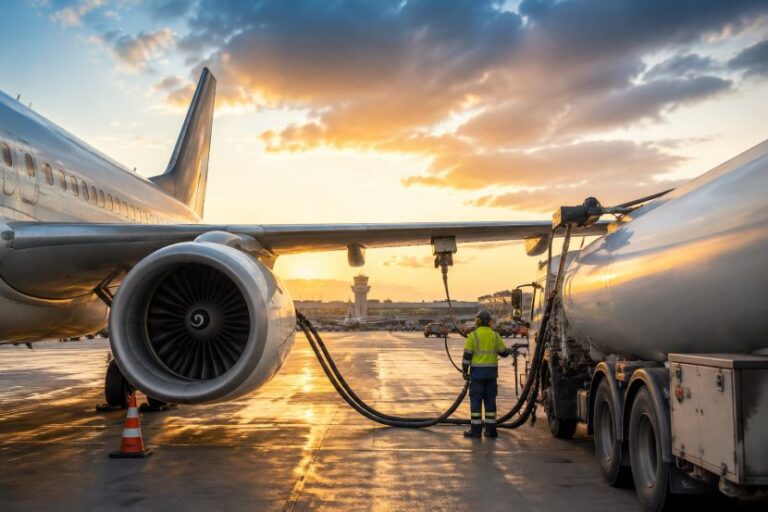 Ground crew fueling a large airplane at the gate during sunset, hoses connected to a fuel truck on the tarmac.