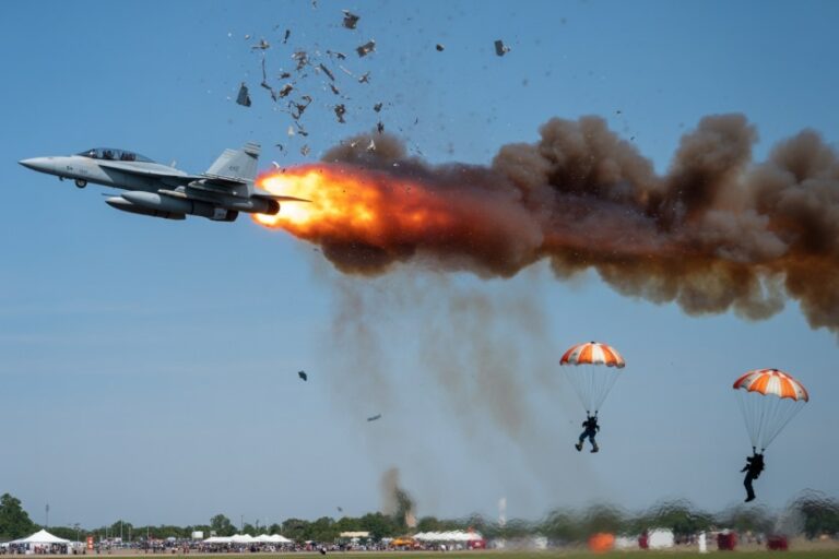 Fighter jet at an air show firing its weapons, with a bright orange flame and dark smoke plume behind it as debris fills the sky; two parachutists with orange-and-white chutes descend nearby.