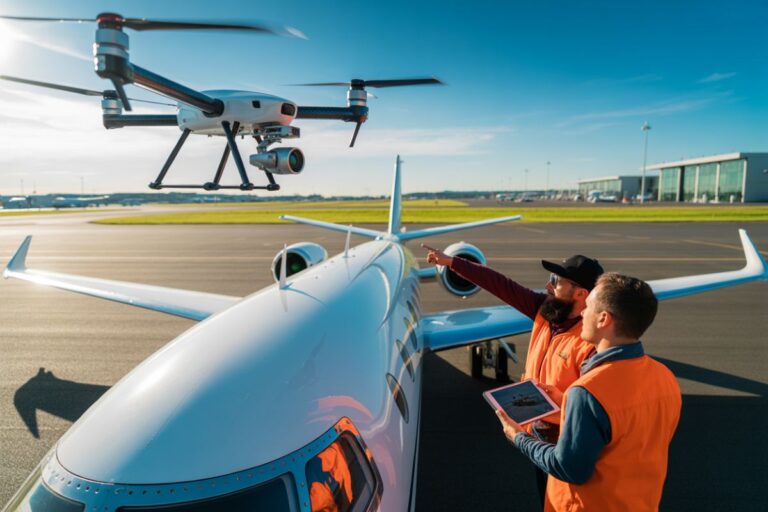 Two technicians in orange vests consult a tablet beside a white private jet as a drone hovers above the tarmac during an airport inspection, sunlit scene.