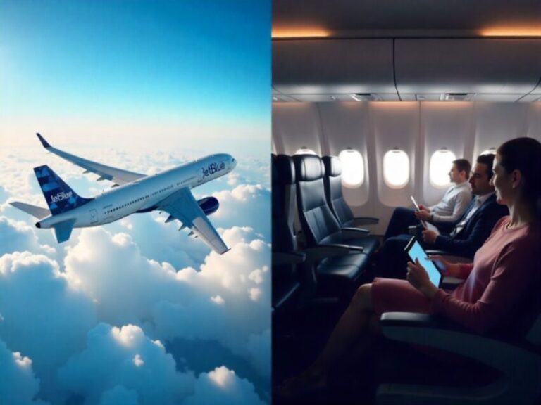 Airplane in flight above the clouds on the left, with cabin passengers using tablets on the right.