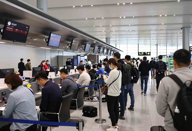 Busy airport-style check-in area with staff at desks and travelers waiting in line under overhead screens.