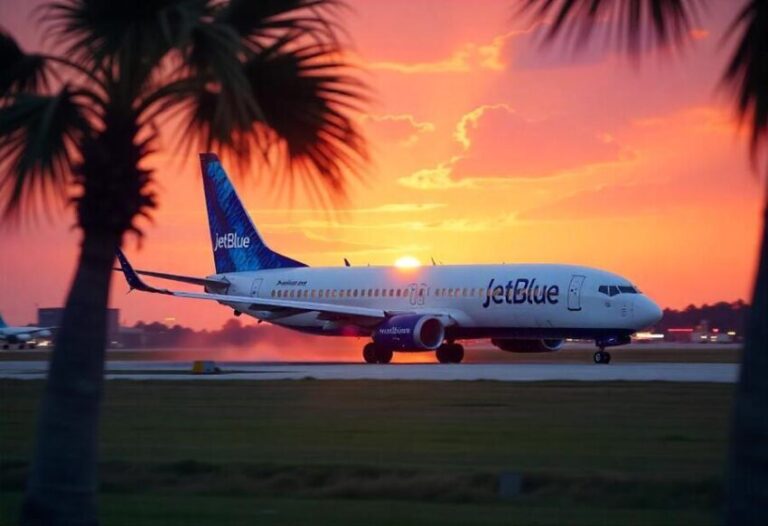 JetBlue airplane on a runway at sunset, framed by palm trees in the foreground.