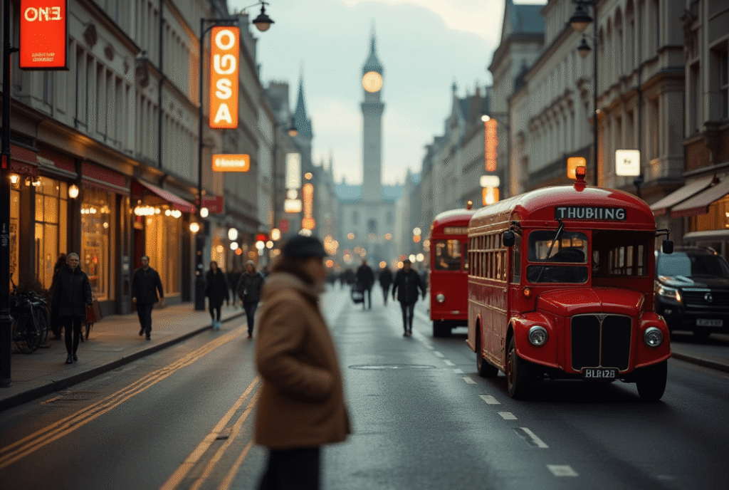 Red vintage double-decker bus on a city street with pedestrians and historic buildings, Big Ben in the distance.
