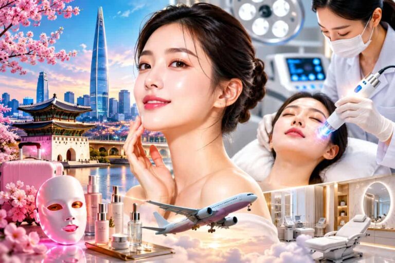 Beauty clinic ad collage: woman with glowing skin surrounded by skincare products, travel imagery, and cherry blossoms.