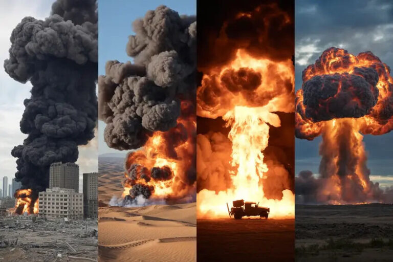 Four-panel collage of explosive blasts: urban fire and smoke, desert explosion with fire, a vehicle amid a towering fireball, and a nuclear-style mushroom cloud over a plain.