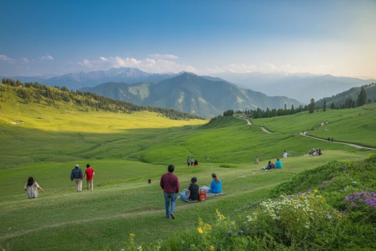 Green hillside park with people walking and picnicking under a blue sky and distant mountains.
