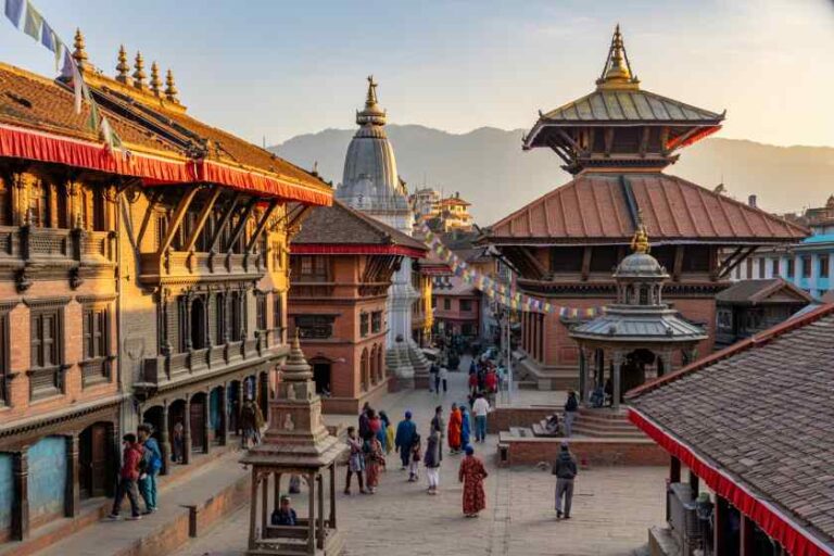 Historic Nepalese square with temple pagoda roofs and string prayer flags, people strolling along stone-paved street.