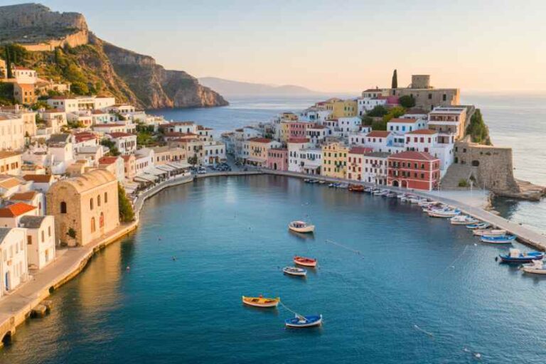 Colorful Mediterranean harbor town with pastel houses along a curved inlet and small boats on calm blue water at sunset.