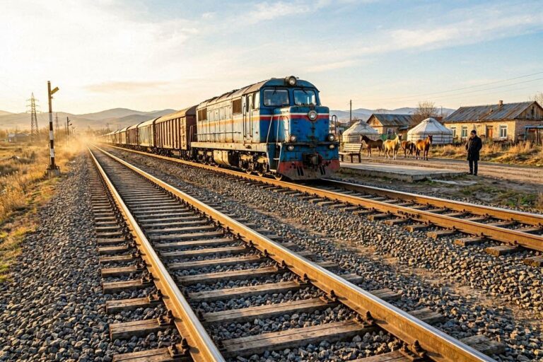 Blue diesel locomotive pulling a long line of freight cars along railway tracks in a rural station at sunset. Red-and-blue accents on the engine and gravel tracks in the foreground.