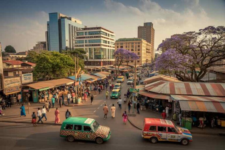 Busy urban street market with stalls lining both sides, colorful vans in the foreground, and modern buildings behind, under a purple-flowering tree.