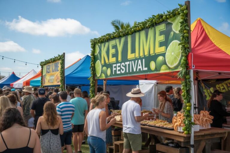 Crowd browsing food stalls at an outdoor festival under a blue sky with colorful tents.