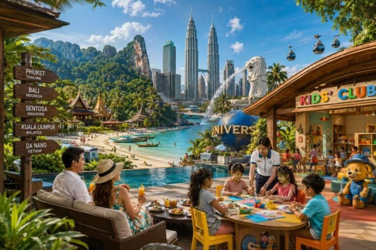 Family with kids doing crafts at a round table in a bright outdoor kids club, with signposts and a city skyline in the background.