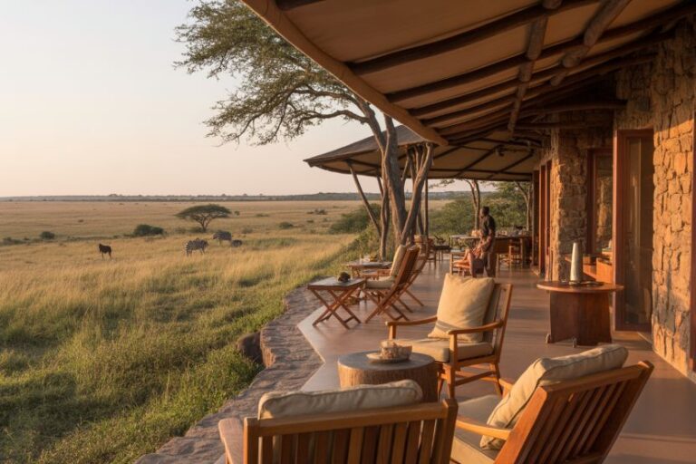 Terrace of a safari lodge with wooden chairs and cushions, overlooking a savannah where zebras graze in the distance.