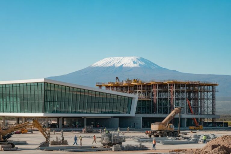 Construction site beside a modern glass-fronted building, with a snow-covered mountain in the distance behind them.