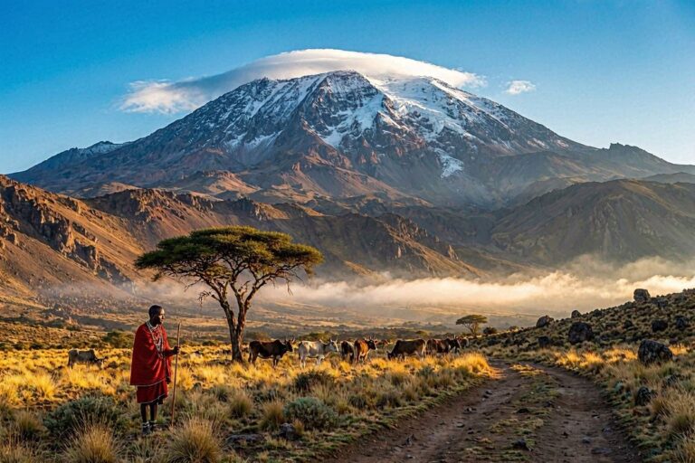Maasai herder in a red shuka with a staff watches cattle in a sunlit valley with a snow‑capped mountain in the background.